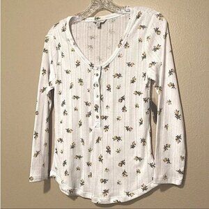 Lucky Brand Floral Print Button Front Pointelle Long Sleeve Henley Top (NWT)